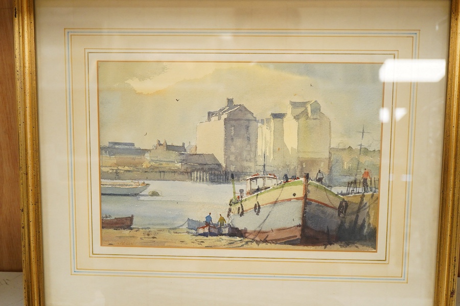 Three watercolours comprising: Sidney Cardew (1931-2017), ‘Across the river, Chelsea', William Bowden, 'London docks' and Attributed to Edmund Becker (fl. 1780-1820), 'Near Bath', largest 18 x 26cm